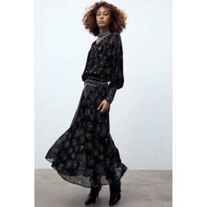 NWT Zara black & white embroidered beaded printed midi dress M